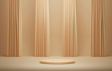 3D podium cream on background and yellow cream color  cloth curtain for stage, cosmetic products and advertising space. 3D render illustrationの写真素材