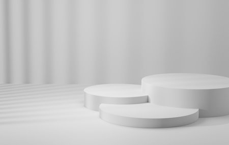 Cylindrical white podium base on abstract white background. Stage showcase product display and advertising space. 3D render illustrationの写真素材