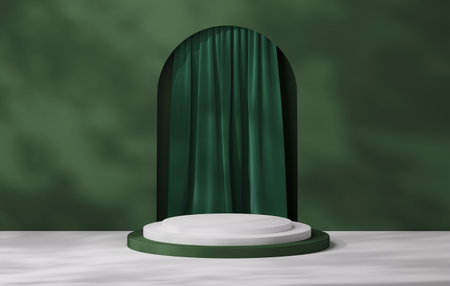 Podium display stand showcases shadows of leaves light through room with curtains on green background for displaying products. 3D render illustrationの写真素材