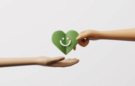 Hands hold leaves heart shape on white background. Green energy, ESG, renewable resources Global environmental sustainability, environmental protection. 3d render illustration.の写真素材