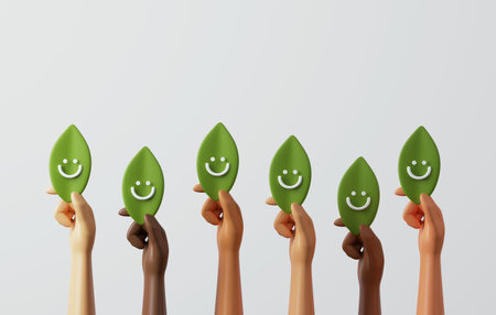 Hand multiethnic holding smiling faces on leaves on white background. Earth day, protect earth renewable resources global environmental sustainability. 3d render illustration.の写真素材