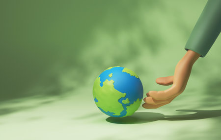 Hands touching earth on green background. Earth day green energy, renewable resources global environmental sustainability, environmental protection. 3d render illustration.の写真素材