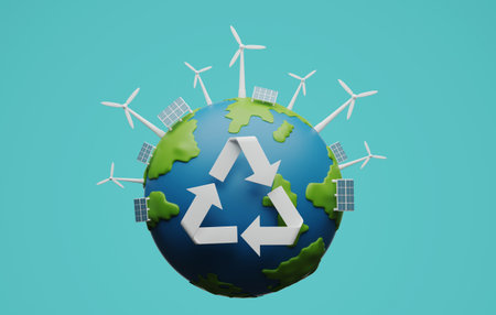 Earth clean energy in recycle symbol environmentally sustainable alternative energy and green...