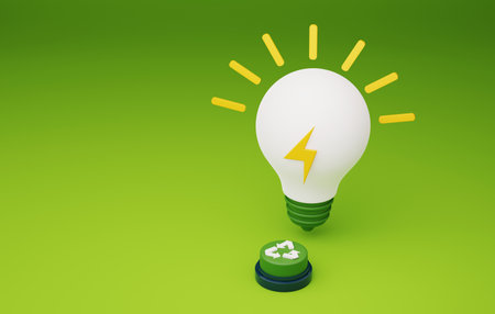 Start button recycle light bulb on green background. Clean energy use and sustainable environmental protection around world, ESG for environment. 3D render illustration.の写真素材