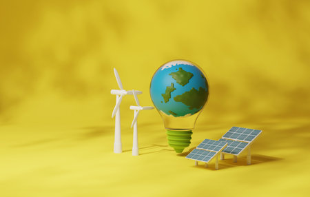 Green energy technology, environmentally sustainable renewable energy. Clean energy windmill on Light bulb on yellow background. 3d render illustration.の写真素材