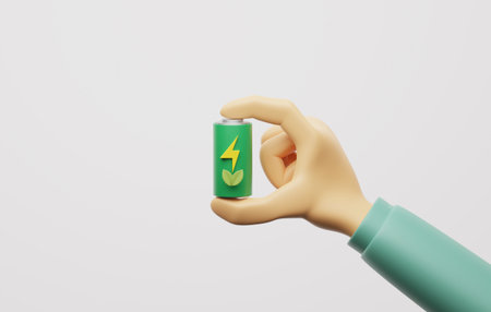 Hand holding battery green energy rechargeable battery on white background. Clean energy consumption and sustainable environmental protection around world. ESG for the environment. 3D render illustration.の写真素材