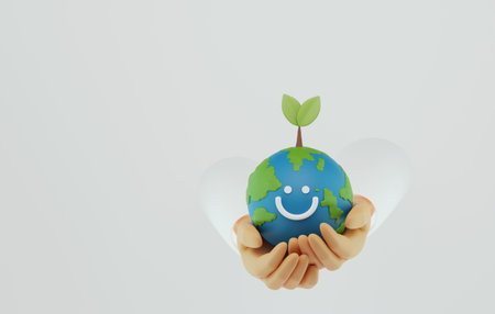 Hand holding earth on white background. Earth day green energy, renewable resources global environmental sustainability, environmental protection. 3d render illustration.の写真素材