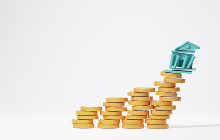 Bank and coins losing balance on white background. Bank collapse recession global financial crisis signs of bankruptcy. 3d render illustration.の写真素材