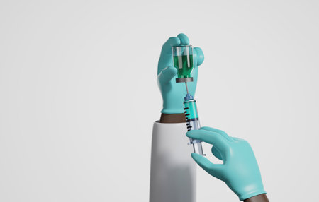 African american doctor in rubber gloves holding vaccine bottle and syringe on white background.  Antiviral vaccine for coronavirus covid-19 or influenza in health care. 3d render illustrationの写真素材