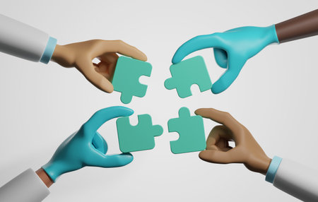 Group medical team hands putting together jigsaw puzzle on white background. Working together for unified goal of treatment and health care. 3D render illustration.の写真素材