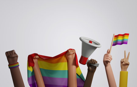 Ethnic diversity of LGBTQ people raising hands holding megaphone and flag with rainbow flags. To celebrate Pride Month gay and lesbian equality, homosexuality. 3D render illustration.の写真素材