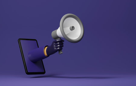Gray megaphone male hand on smartphone isolated on purple background. Online propaganda scam reporting fake news fraudulent advertising through online media. 3D render illustration.の写真素材