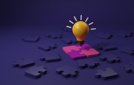 Yellow light bulb on jigsaw puzzle piece on purple background. How to use ideas to connect with...