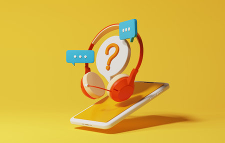 Headphones with microphone with speech bubble question mark chat icon via smartphone. Customer consultation service online, Call center sign telemarketing. 3D render illustrationの写真素材