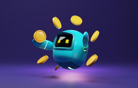 Blue robot holding a coin on purple background using AI. Artificial intelligence technology make...