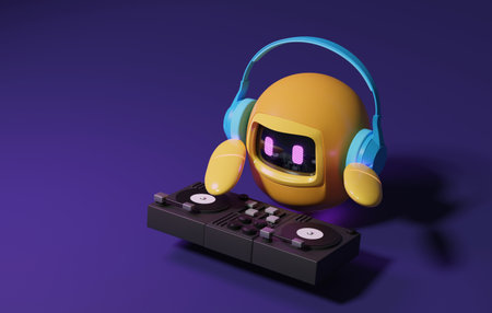 Cute robot with headphones, music mixer, record player. artificial intelligence technology or AI to create online music. 3d render illustrationの写真素材