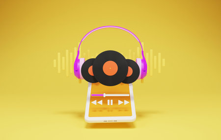Online music streaming service application via smartphone with wireless headphones. Playing music with turntable on yellow background smartphone. 3d render illustrationの写真素材