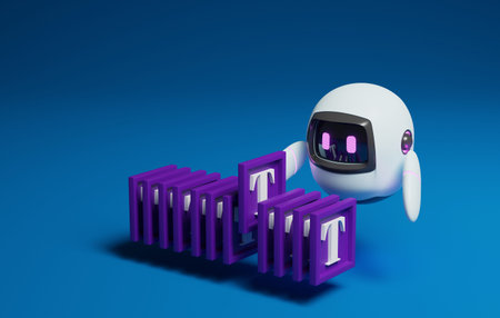 Cute robot chooses prompt commands for creativity. Copywriting based on data analysis and processing with artificial intelligence technologyの写真素材