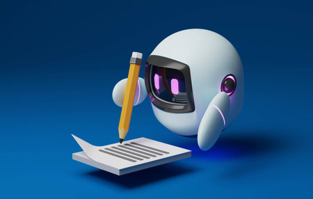 Cute robot holding a pencil to write a message on a piece of paper. Artificial intelligence technology, content creators, content or blogs, online marketing. 3d render illustration.の写真素材