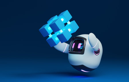 Cute robot with blockchain technology hologram Blockchain technology innovation, Metaverse network on blue background. 3d render ilustrationの写真素材