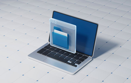 Digital technology storing electronic data and documents in computer system folders. Migration and uploading of files via online data center network connection. 3d render illustrationの写真素材