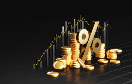 Financial growth and investment charting with this captivating golden coin featuring percent symbol on black background, presented through. modern 3D Render Illustration.の写真素材