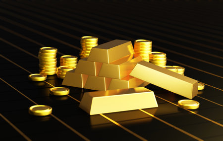 Illustration of a 3D-rendered pile of valuable gold bars and coins on a captivating black background. Perfect for finance, investment, and wealth-related concepts.の写真素材