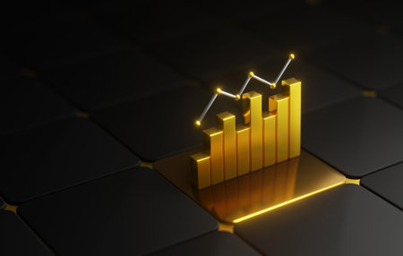 Financial growth and market analysis with captivating golden bar chart. Modern infographic revealing wealth, success, and valuable insights in financial market. 3d render illutration.の写真素材