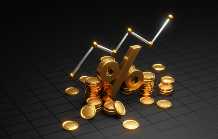 Financial growth and investment charting with this captivating golden coin featuring percent symbol on black background, presented through. modern 3D Render Illustration.の写真素材