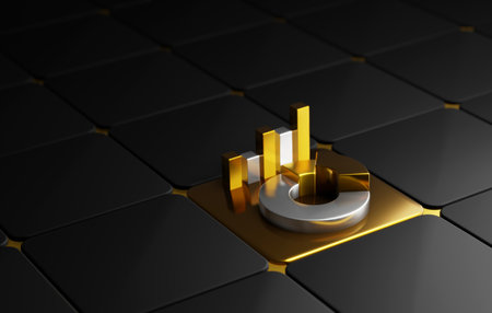 Golden bar graph and pie chart this modern infographic, showcasing visual representation of financial success and comprehensive market analysis delving into market trends. 3d render illustration.の写真素材