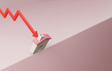 Economic impact on housing market with of residential property. Concept of housing downturn of down arrow housing graph. 3D render illustration.の写真素材