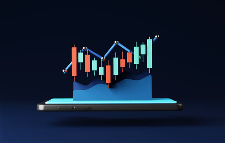 Digital communication as candlestick chart illuminates blue background, providing valuable insights...
