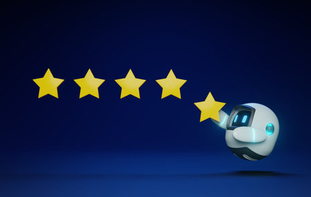 Cute 3D robot expressing customer satisfaction with 5 star ratings on blue backdrop. Concept of feedback, positive negative reviews, and evaluation. 3d render illustration.の写真素材
