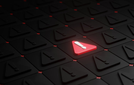 Warning red exclamation sign stands out on black background, symbolizing danger of hacker attacks,...