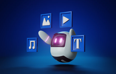 Cute robot picks up quick command for creating art. Advertising copywriting and songwriting based on data analysis and processing with artificial intelligence technology. 3d render illustration.の写真素材