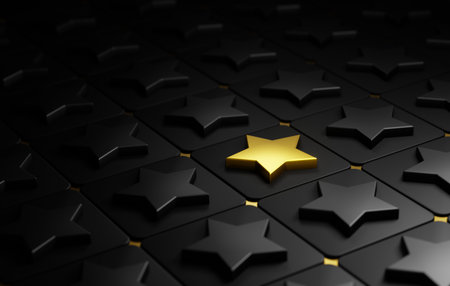 In dark backdrop, radiant golden star stands out amidst black stars, symbolizing leadership, outstanding achievement, and success. 3D render illustration.の写真素材