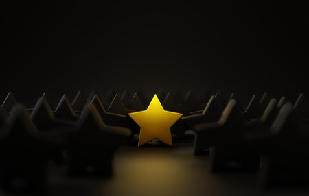 In dark backdrop, radiant golden star stands out amidst black stars, symbolizing leadership,...
