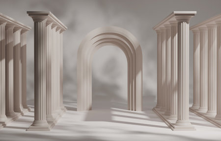 Explore the beauty of ancient Greek-style pillar podiums against a classic cream backdrop. Ideal for...
