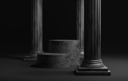 Explore the beauty of ancient Greek-style pillar podiums against a classic black backdrop. Ideal for cosmetic product stages and advertising. 3D render illustration.の写真素材