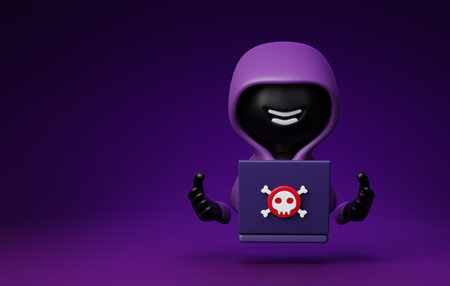 Hacker with laptop computer, and skull icon. Explore the dark side of technology and cybersecurity....