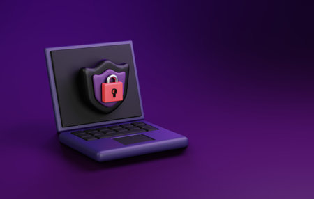 Laptop computer with symbolizing digital security and data protection. Perfect for illustrating cybersecurity concepts and safeguarding information. 3D render illustration.の写真素材