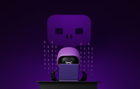 Hacker with laptop computer, and skull icon. Explore the dark side of technology and cybersecurity. 3D render Illustration.の写真素材