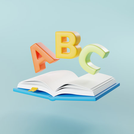 Education featuring an open book and ABC an iconic symbol of learning and literacy. Perfect for educational materials and literary concepts. 3D illustrationの写真素材