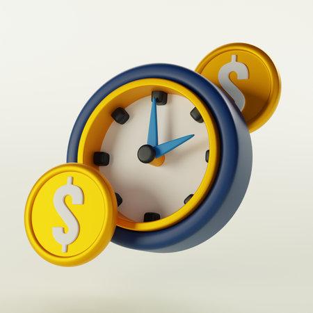 Alarm clock and gold coins, financial opportunities, investment choices, and the path to financial independence. Ideal for conveying concepts of financial literacy. 3D render illustration.の写真素材