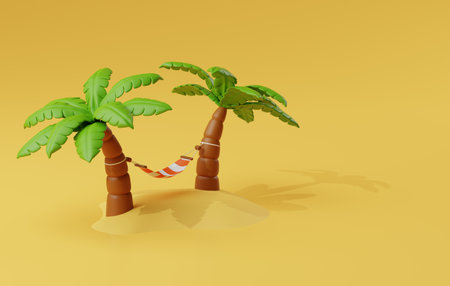 Hammock, symbolizing relaxation and leisure. Perfect for capturing the essence of vacation getaways and tropical paradises. 3D render illustrationの写真素材