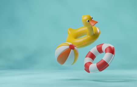 Rubber duck ring, beach ball, and a serene pastel blue setting. Ideal for evoking the carefree spirit of summertime fun. 3D render illustrationの写真素材