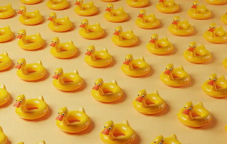Summer beach holidays with many duck swimming ring on pastel yellow background. 3D render...