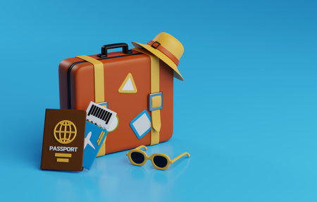 Essential items like a passport, suitcase, and sunglasses. Perfect for conveying the excitement of exploring new destinations and experiencing new adventures. 3D render illustrationの写真素材