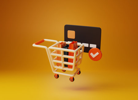Digital marketing with this vibrant 3D icon representing online buying and payment. 3D render illustration.の写真素材
