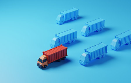 Leading in delivery transportation and logistics competition. Row of prominent cargo trucks on blue background. 3D render illustration.の写真素材
